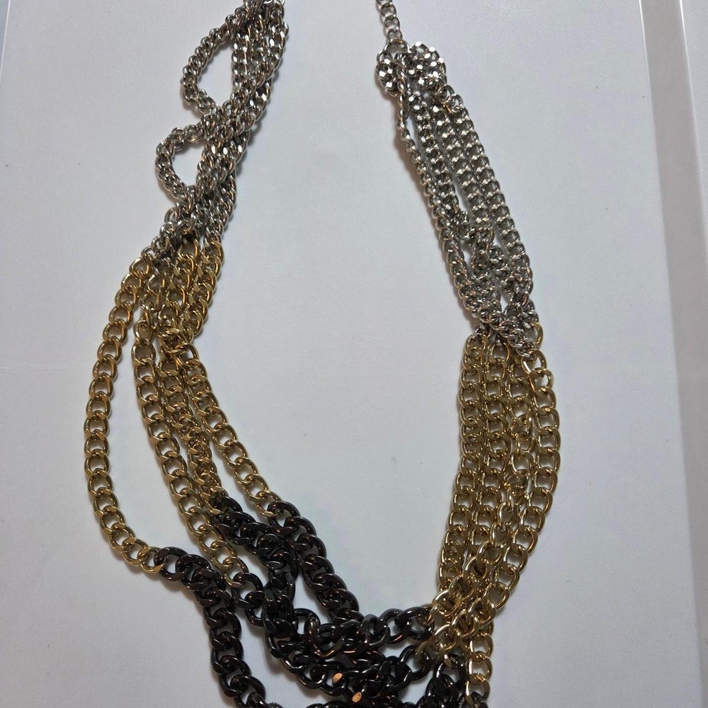 Mixed Metal Multi Strand Chain Necklace Gold Silver Black Layered Statement
